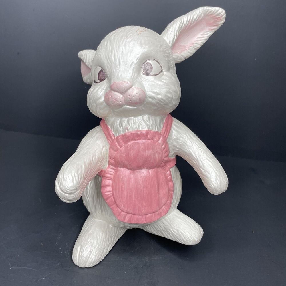 Vintage Ceramic Hand Painted White Bunny Wearing a Pink Apron Rabbit Figurine